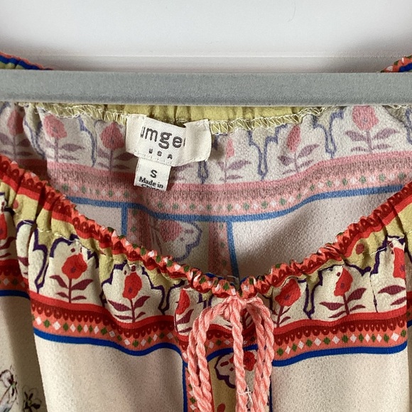 Umgee Border Bell Sleeve Dress -Natural Size Small Off Shoulder Shift Mini Dress - Picture 6 of 11